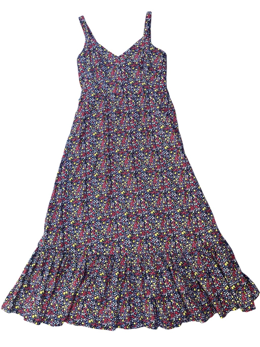 J.CREW Ditsy Floral Linen Tie Waist Tiered Ruffle Maxi Dress Size 8 Navy - Picture 4 of 15